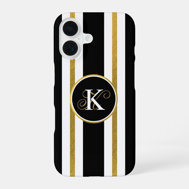 Coque iPhone 16 Monogramme Elégant Noir & Or Personnalisé (Verso)