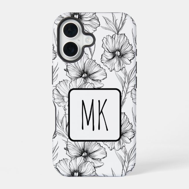 Coque iPhone 16 Monogramme floral noir et blanc moderne (Verso)