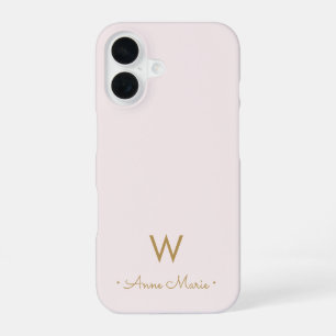 Coque iPhone 16 Monogramme moderne Blush Pink Gold Script
