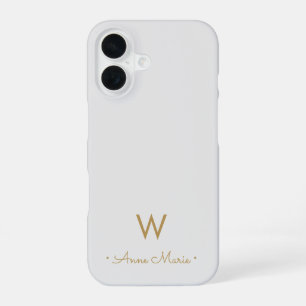 Coque iPhone 16 Monogramme Moderne Gris Clair Or Script