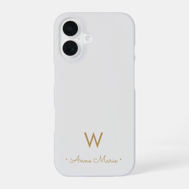Coque iPhone 16 Monogramme Moderne Gris Clair Or Script (Verso)