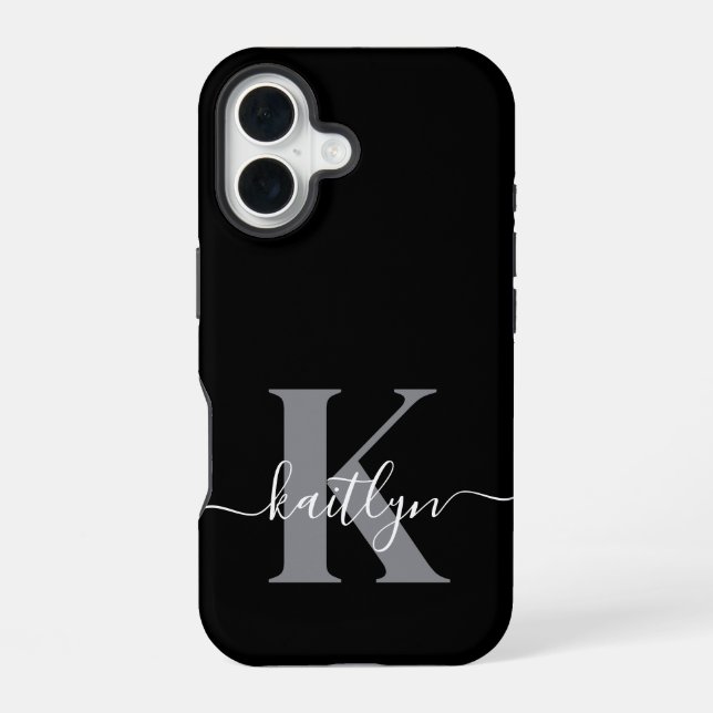 Coque iPhone 16 Monogramme moderne gris noir script (Verso)