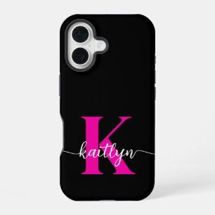 Coque iPhone 16 Monogramme noir rose
