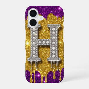 Coque iPhone 16 Monogramme Pailleté Diamant H ✨ Or Gouttes Violet
