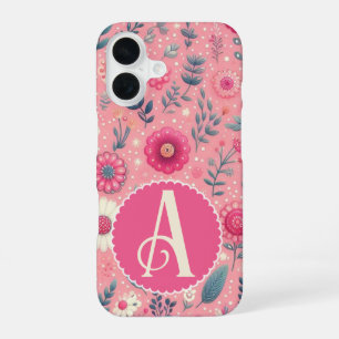 Coque iPhone 16 Monogramme personnalisé Fleurs Enchantées Rose