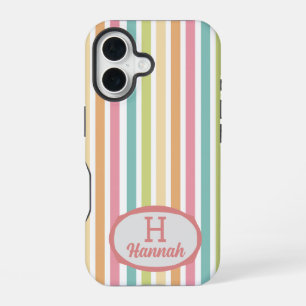 Coque iPhone 16 Monogramme personnalisé Nom Rayures pastel Gai