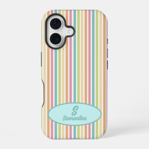 Coque iPhone 16 Monogramme personnalisé Rayures pastel gaies