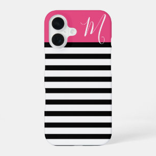 Coque iPhone 16 Monogramme rayures prépa noir et rose