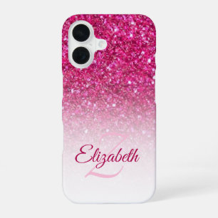 Coque iPhone 16 Monogramme Rose Pailleté Ombre Prénom Personnalisé
