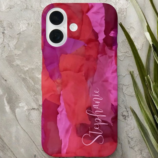 Coque iPhone 16 Monogramme rouge rose abstrait nom simple (Créateur téléchargé)