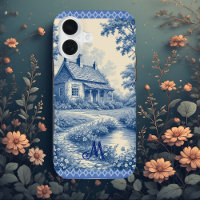 Monogramme Rustique Cottage Toile de Jouy Bleu Rom