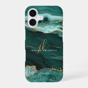 Coque iPhone 16 Monogramme Script Pailleté Or Agate Turquoise