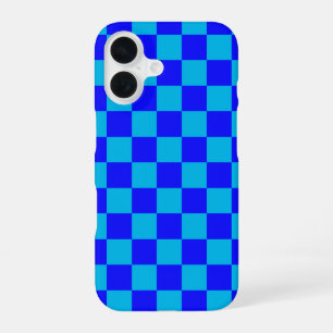 Coque iPhone 16 Motif à carreaux monochrome bleu