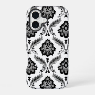 Coque iPhone 16 Motif Damassé Rococo Gris Noir Blanc