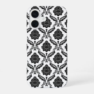 Coque iPhone 16 Motif Damassé Rococo Noir sur Blanc