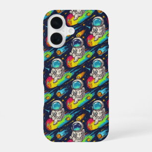 Coque iPhone 16 Motif de course de météore d'astronaute cosmique