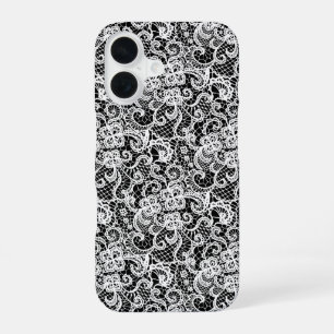 Coque iPhone 16 Motif de dentelle blanche sur fond noir