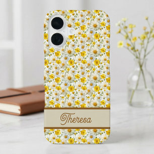 Coque iPhone 16 Motif de fleurs sauvages jaunes Monogramme Nom