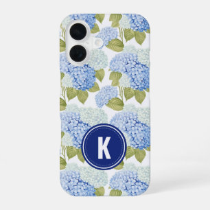 Coque iPhone 16 Motif de monogramme de fleurs d'hydrangea bleue él
