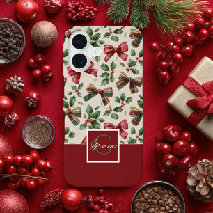 Coque iPhone 16 Motif de Noël à l'aquarelle avec rubans rouges et