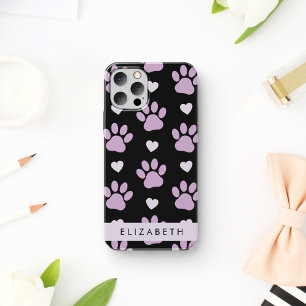Coque iPhone 16 Motif de pattes, pattes lilas, cœurs, votre nom