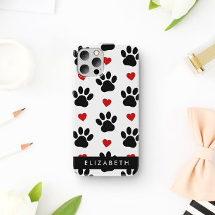 Coque iPhone 16 Motif de pattes, pattes noires, cœurs rouges, votr