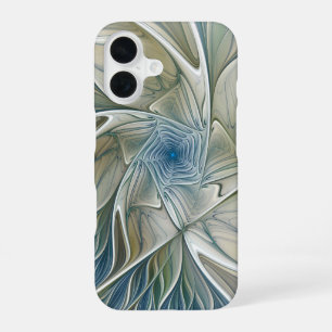Coque iPhone 16 Motif de rêve floral Abstrait Bleu Kaki Fractal