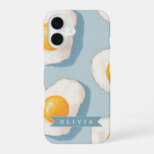Coque iPhone 16 Motif d'oeuf frit personnalisé amusant bleu drôle
