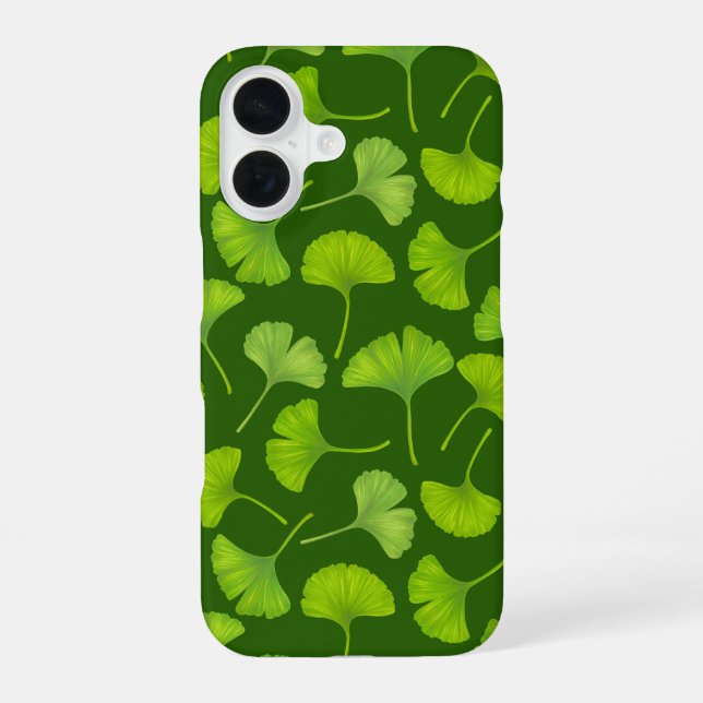 Coque iPhone 16 Motif Ginkgo sur vert foncé (Verso)