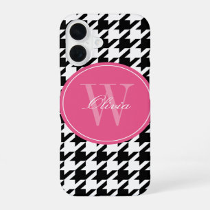 Coque iPhone 16 Motif Houndstooth Noir et Rose Monogramme