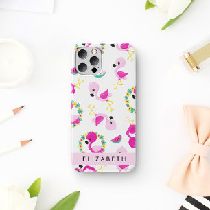 Coque iPhone 16 Motif tropical, Flamants roses, Fleurs, Votre Nom
