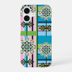 Coque iPhone 16 Motifs géométriques rétro et fleurs imaginaires