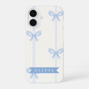 Coque iPhone 16 Nœud Bleu Personnalisé Coquette Nom Esthétique