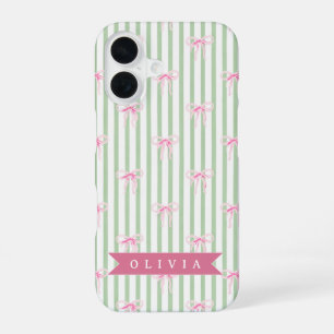 Coque iPhone 16 Nœud Rose Personnalisé Rayure Verte Coquette Prépa