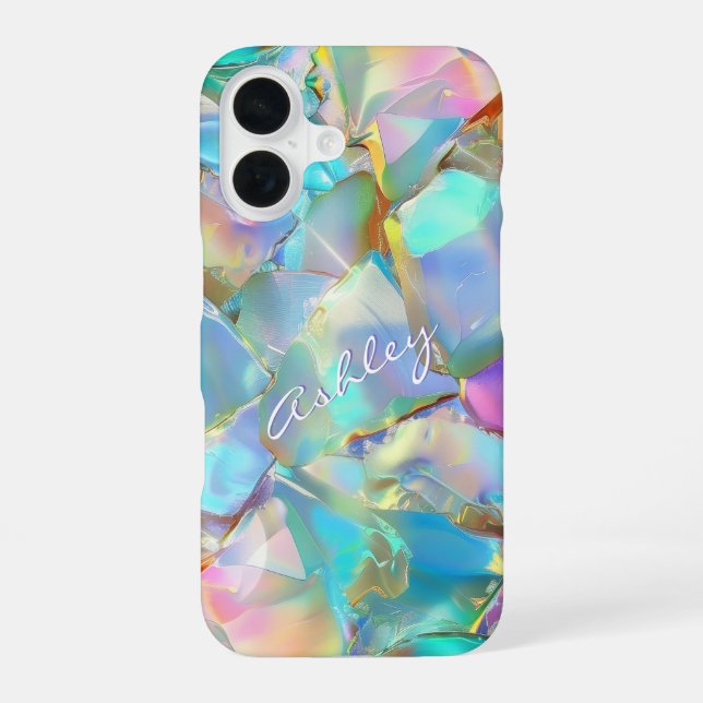 Coque iPhone 16 Nom de script blanc sur fond opale (Verso)