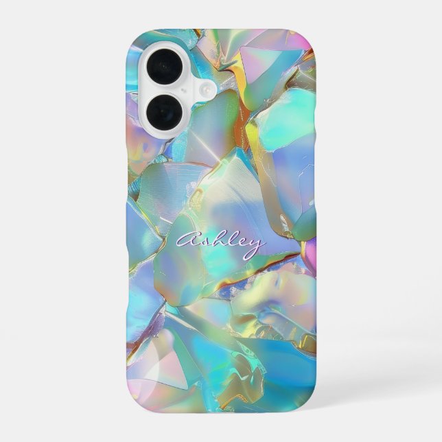 Coque iPhone 16 Nom de script blanc sur fond opale (Verso)
