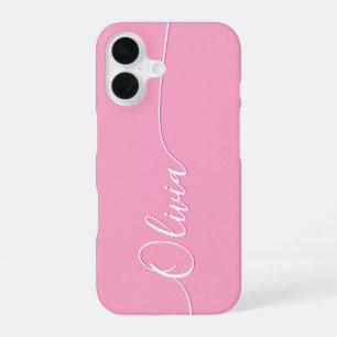 Coque iPhone 16 Nom élégant en calligraphie rose blanc