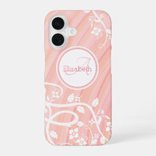 Coque iPhone 16 Nom personnalisé girly monogramme floral rose blan