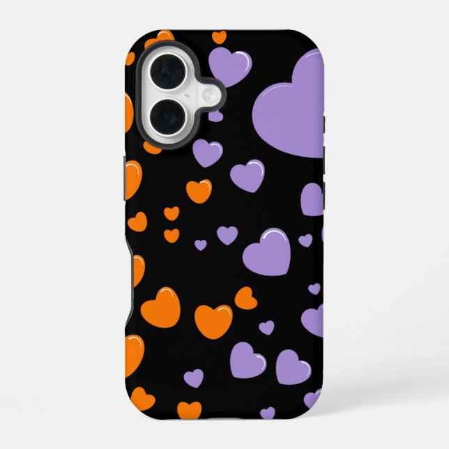 Coque iPhone 16 orange and purple hearts polka dots (Verso)