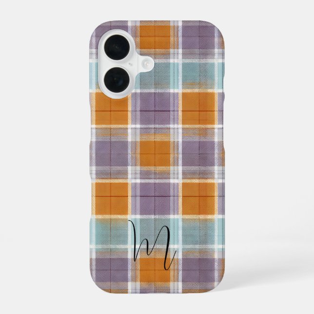 Coque iPhone 16 Orange and Purple Plaid Pattern Monogram (Verso)