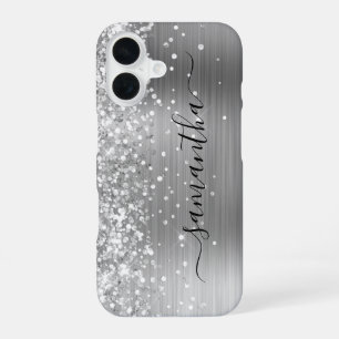 Coque iPhone 16 Pailleté Argent Métallisé Signature Féminin