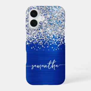 Coque iPhone 16 Paillettes Argentées Brillantes Bleu Royal Glam No