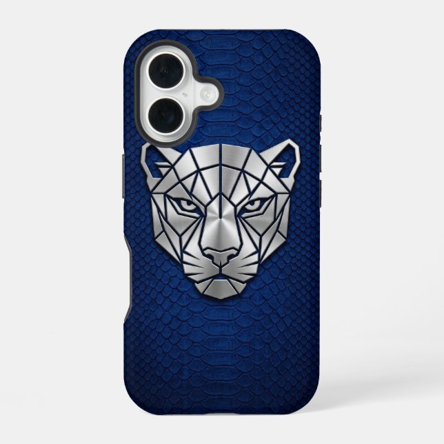 Coque iPhone 16 Panthère géométrique Chrome argent Python bleu iPh (Verso)