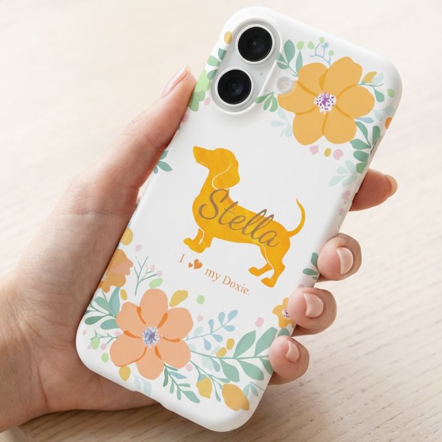 Coque iPhone 16 Pastel Orange Dachshund with Flower – Custom Name (Créateur téléchargé)