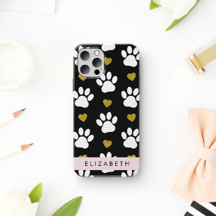 Coque iPhone 16 Pattes de chien, Pattes blanches, Cœurs d'or, Votr