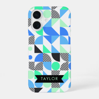 Coque iPhone 16 Personnalisé Moderne Monnaie Bleue Géométrique