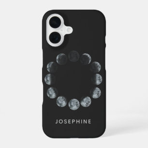 Coque iPhone 16 Phases de lune aquarelle noire personnalisées