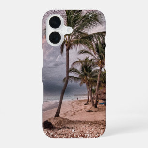 Coque iPhone 16 Plage orageuse avec palmiers