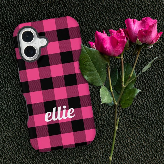 Coque iPhone 16 Plaid de buffle rose et noir personnalisé (Créateur téléchargé)