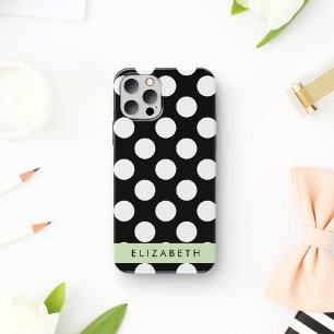Coque iPhone 16 Pois noirs et blancs, pointillés, Votre nom
